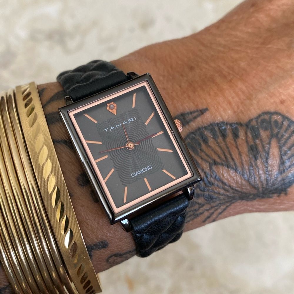 NEW Tahari Diamond Tank Style Quartz Watch Black & Rose Gold Faux Leather Strap